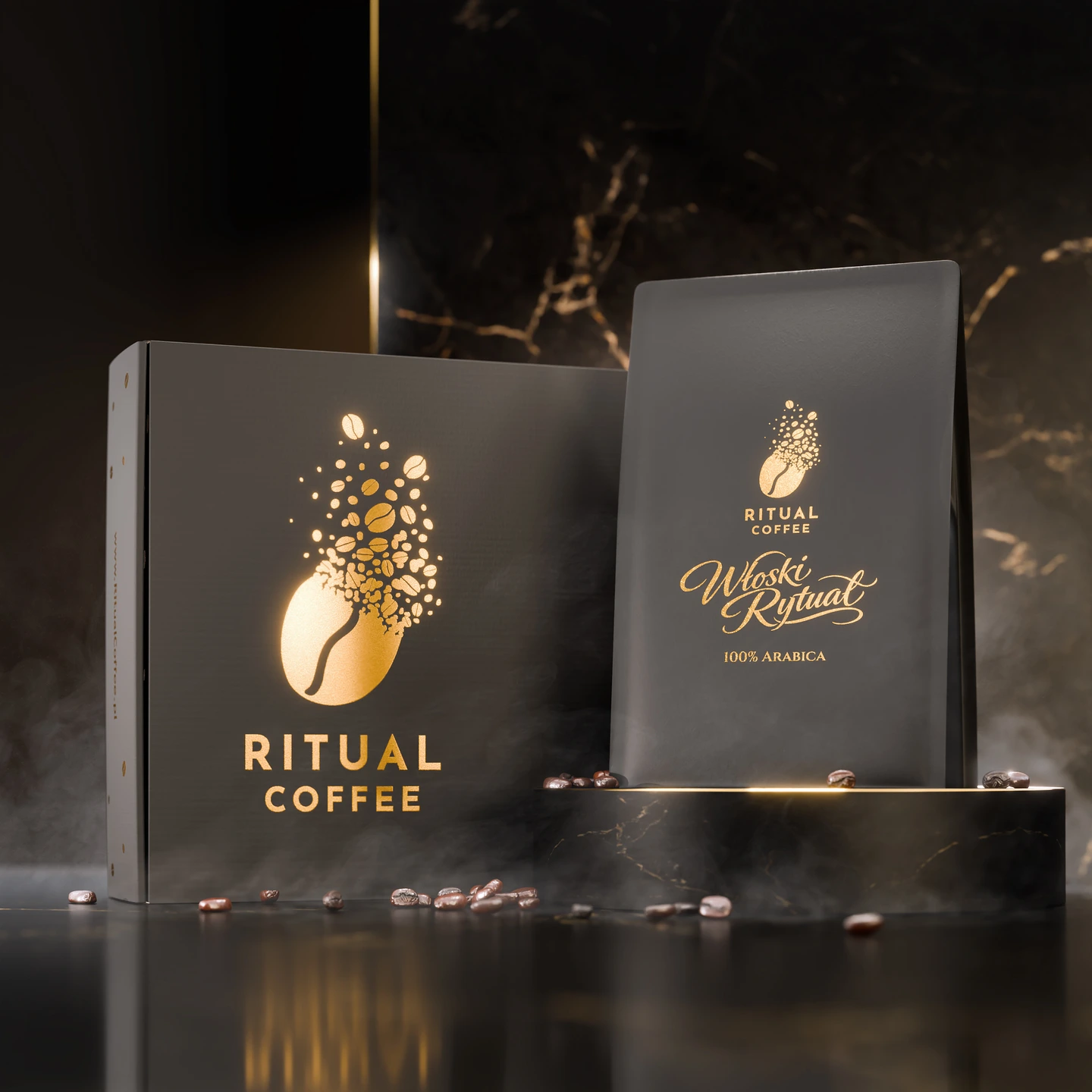 Packshot 3D opakowania kawy i pudełka premium w ujęciu studyjnym
