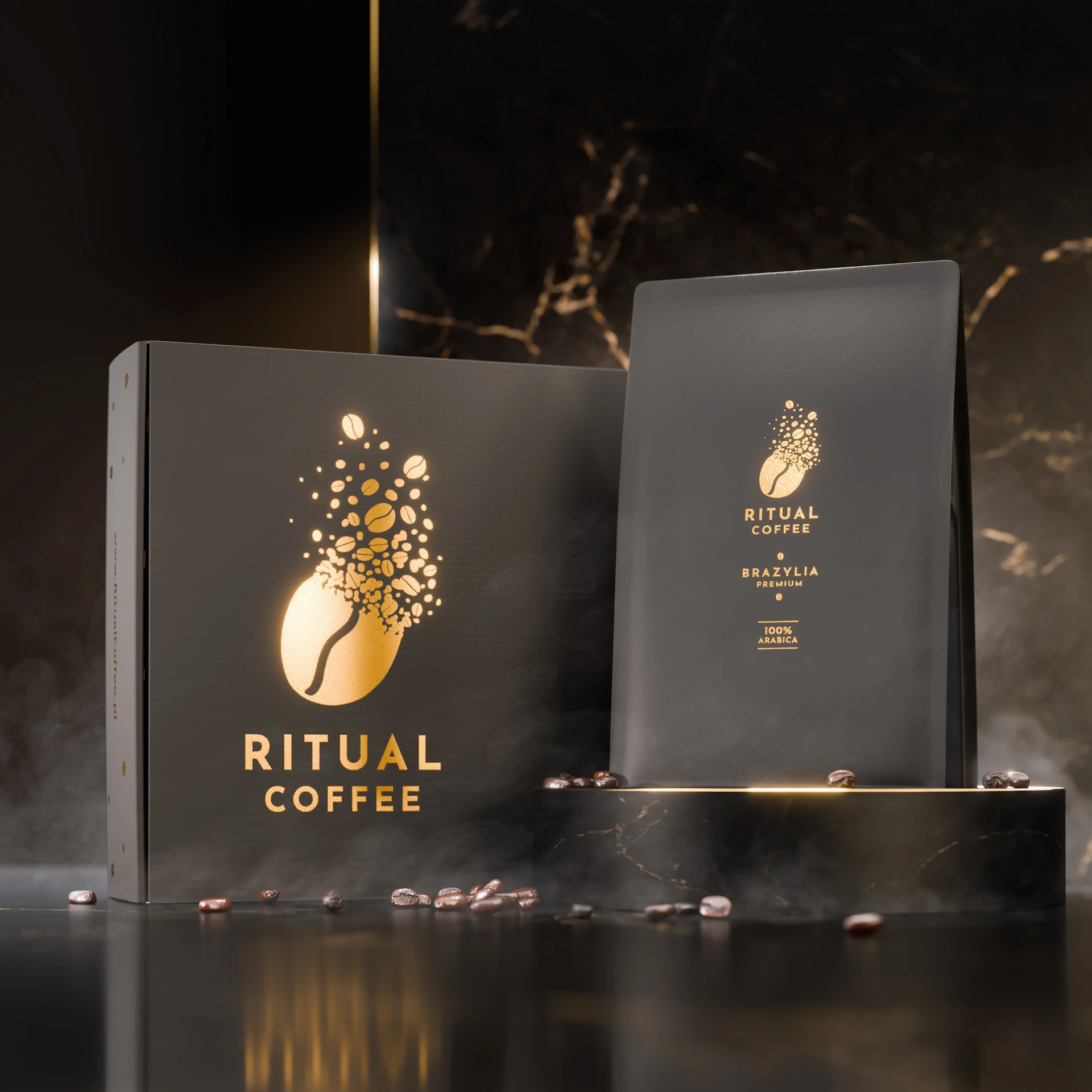 Zestaw Produktowy Brazylia 250g z Pudełkiem — fotorealistyczna wizualizacja 3D opakowania kawy Ritual Coffee