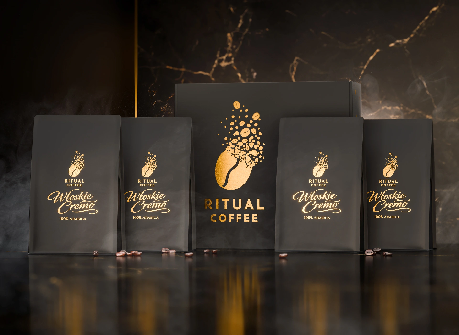 Kolekcja Kaw 250g (4 szt.) — fotorealistyczna wizualizacja 3D opakowania kawy Ritual Coffee