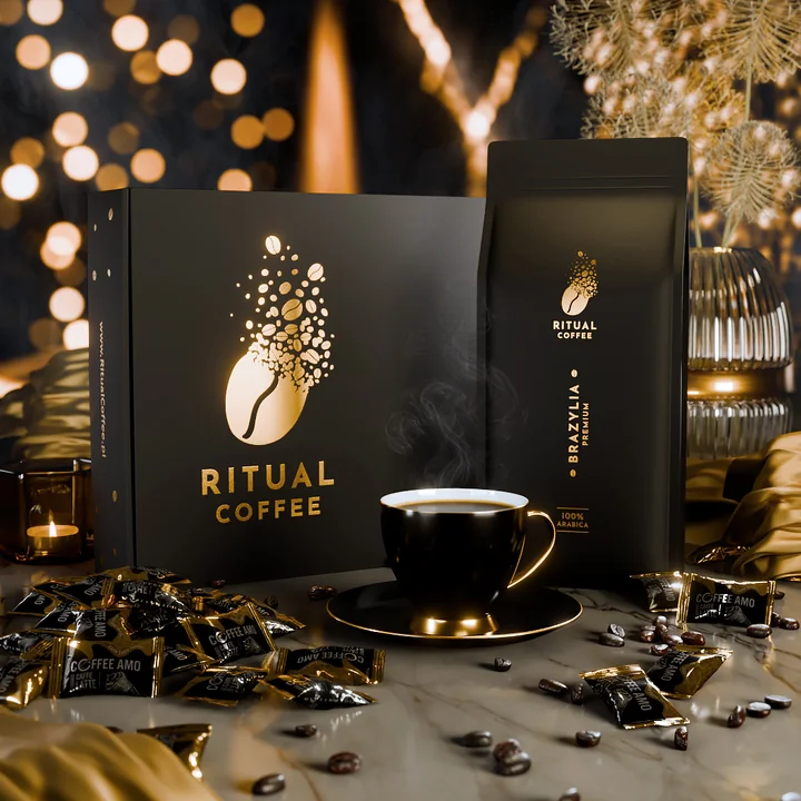 Wizualizacja 3D zestawu kawy Ritual Coffee Brazylia 1kg z czarną filiżanką — Lilu Studio 3D