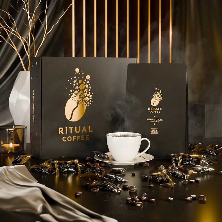 Wizualizacja 3D zestawu kawy Ritual Coffee Honduras 250g z białą filiżanką — Lilu Studio 3D