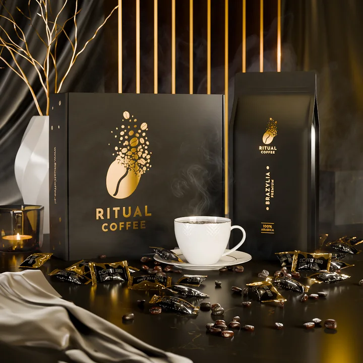 Aranżacja reklamowa 3D z białą filiżanką i opakowaniem kawy Ritual Coffee
