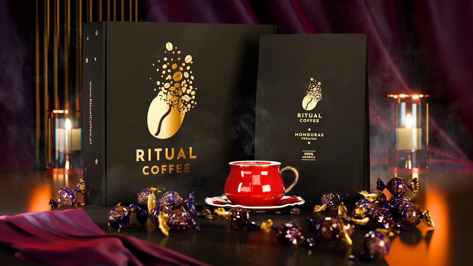 Fotorealistyczny banner 3D zestawu kawy ziarnistej Ritual Coffee